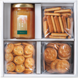 Set with an assortment of three Kajitani biscuit products and one type of Okayama Prefecture high-quality fruit preserves