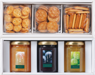 Set with an assortment of three Kajitani biscuit products and three types of Okayama Prefecture high-quality fruit preserves