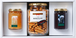 Set with one bottle of Kajitani biscuits and two types of Okayama prefecture high-quality fruit preserves